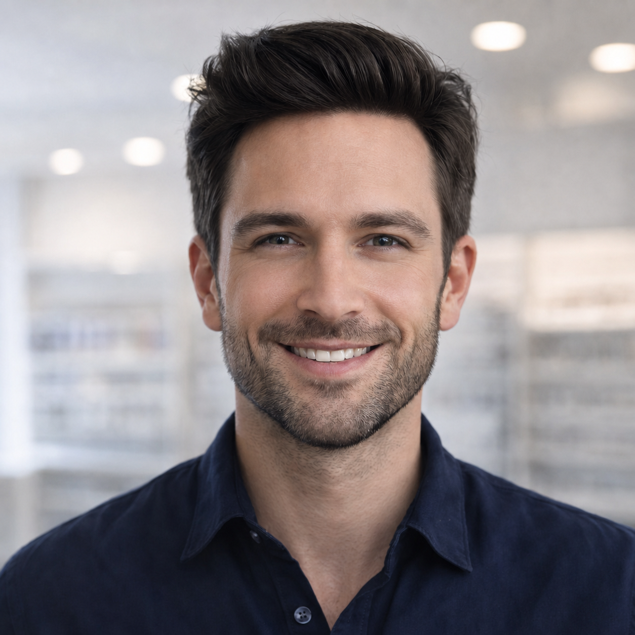 Smiling young man wearing black eyeglasses